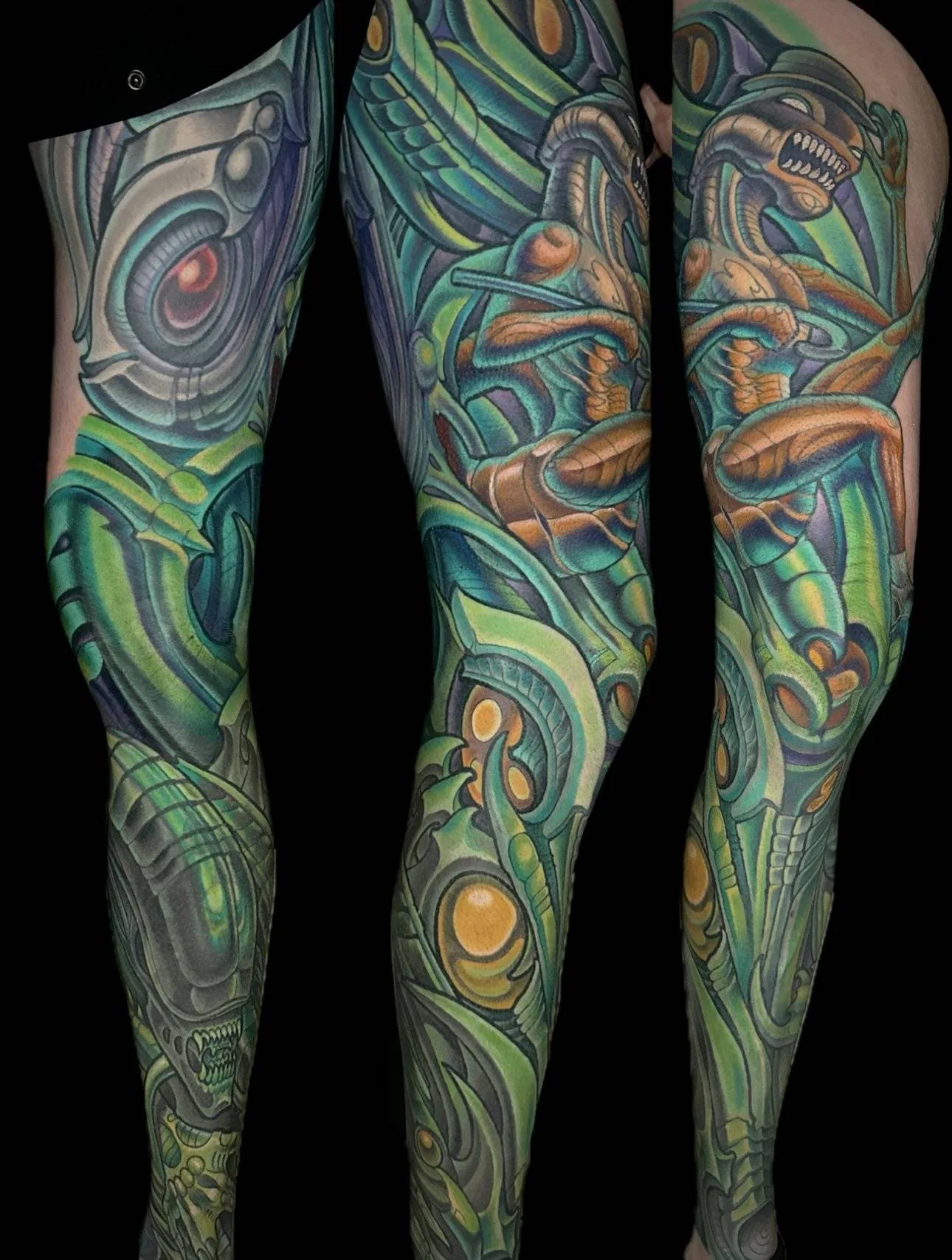 Bio-organic alien creature color leg sleeve tattoo by Terry Ribera, San Diego