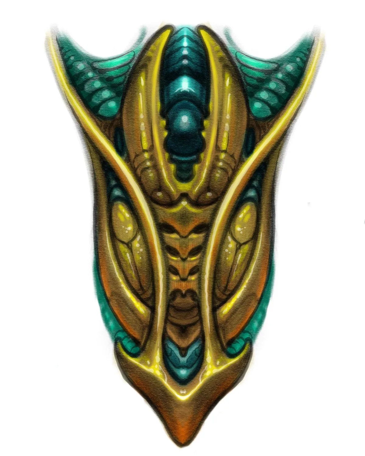 Bio-organic alien gold teal face shield digital drawing by Terry Ribera