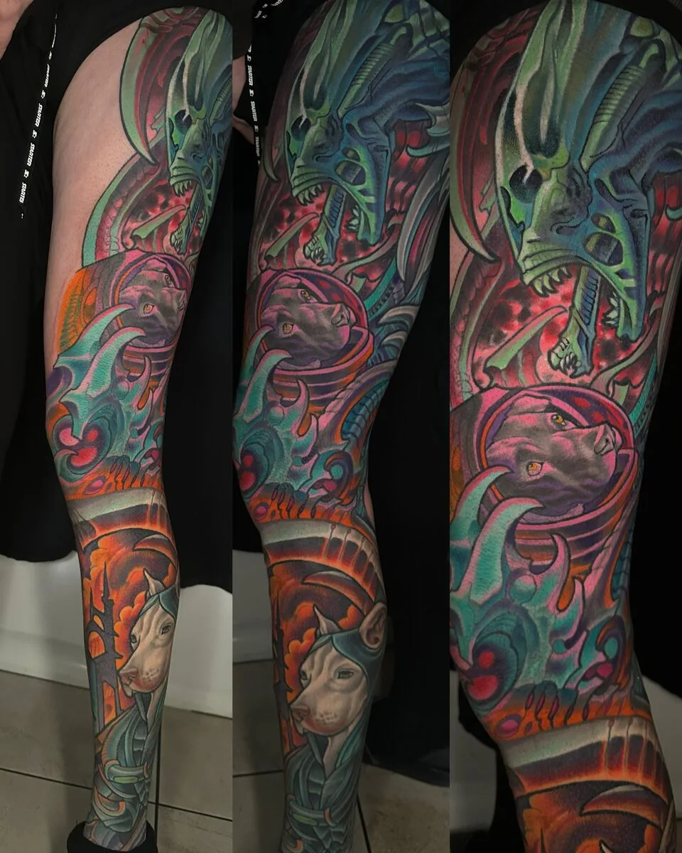 Bio-organic alien panther leg sleeve tattoo by Terry Ribera, San Diego