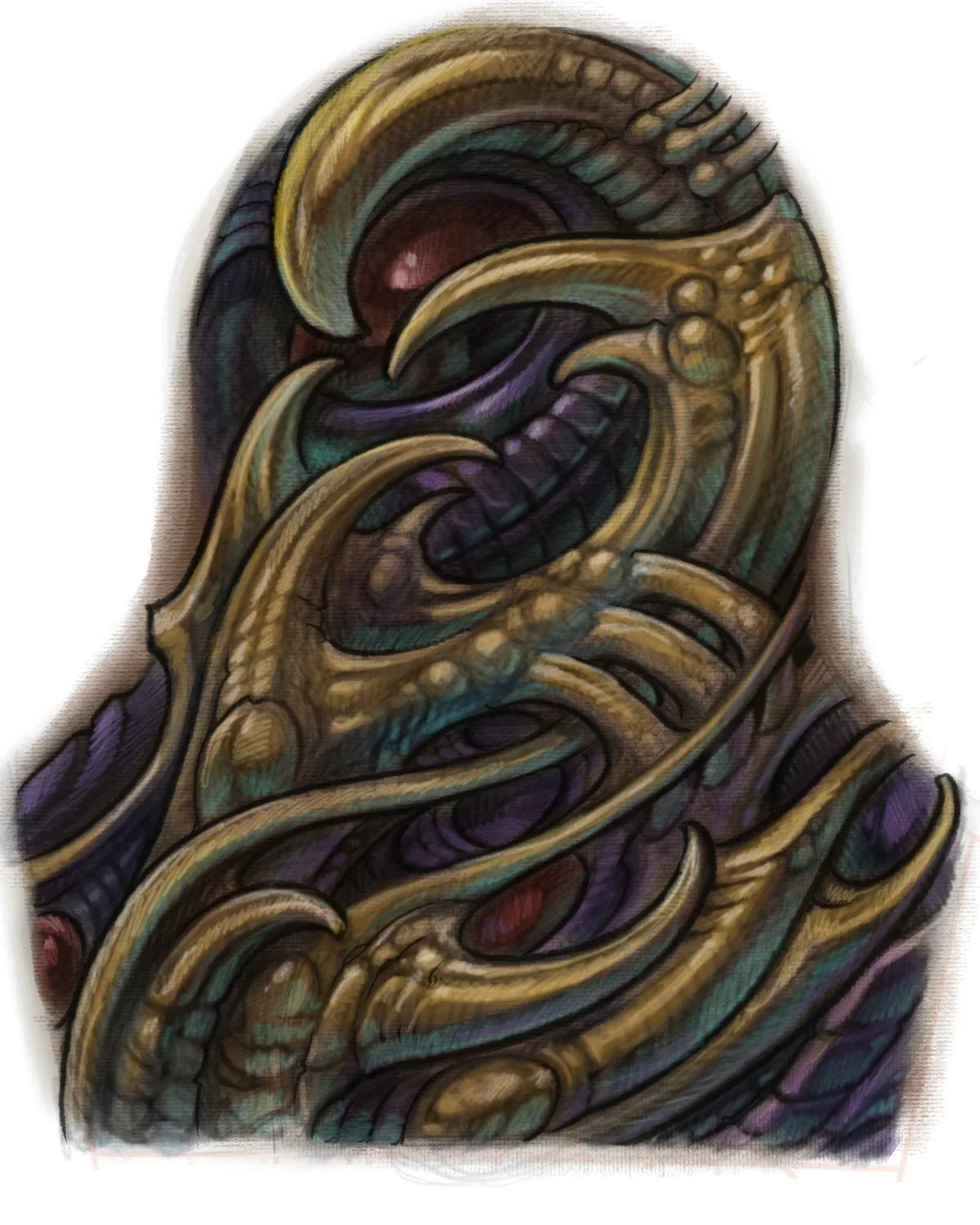 Bio-organic back piece colored pencil design drawing by Terry Ribera