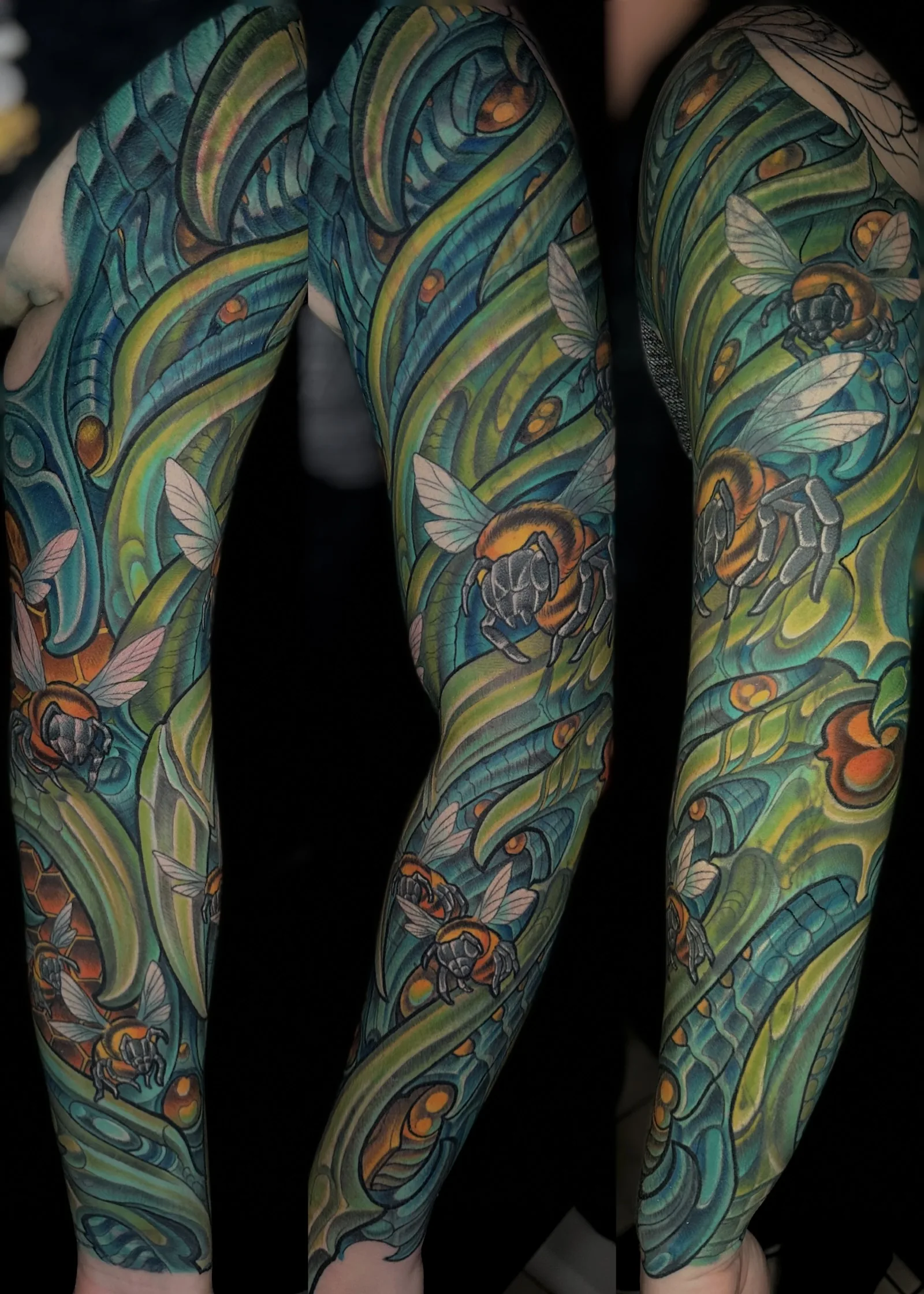 Bio-organic bee honeycomb green full sleeve detail tattoo by Terry Ribera, San Diego