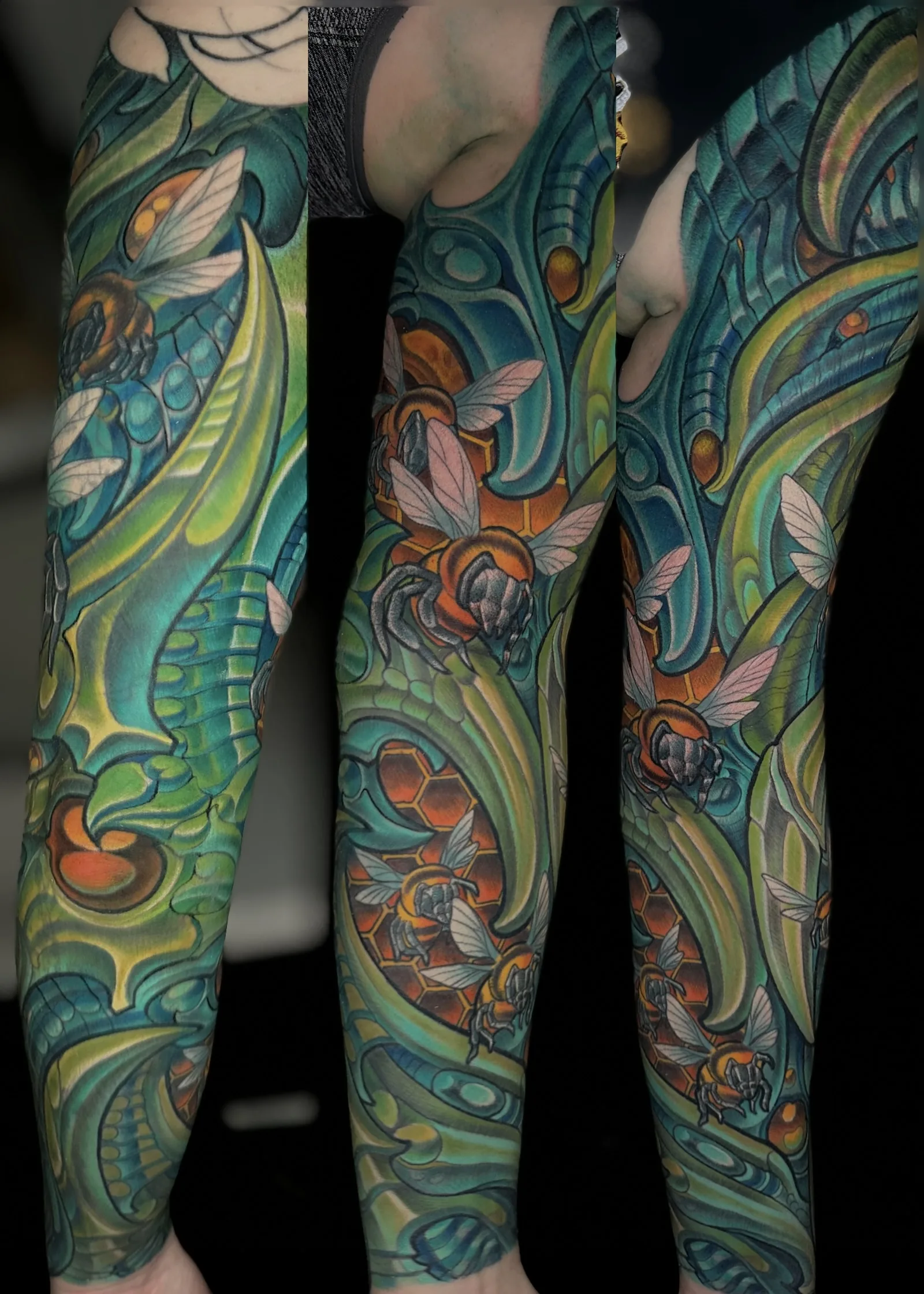 Bio-organic bee honeycomb teal full sleeve tattoo by Terry Ribera, San Diego