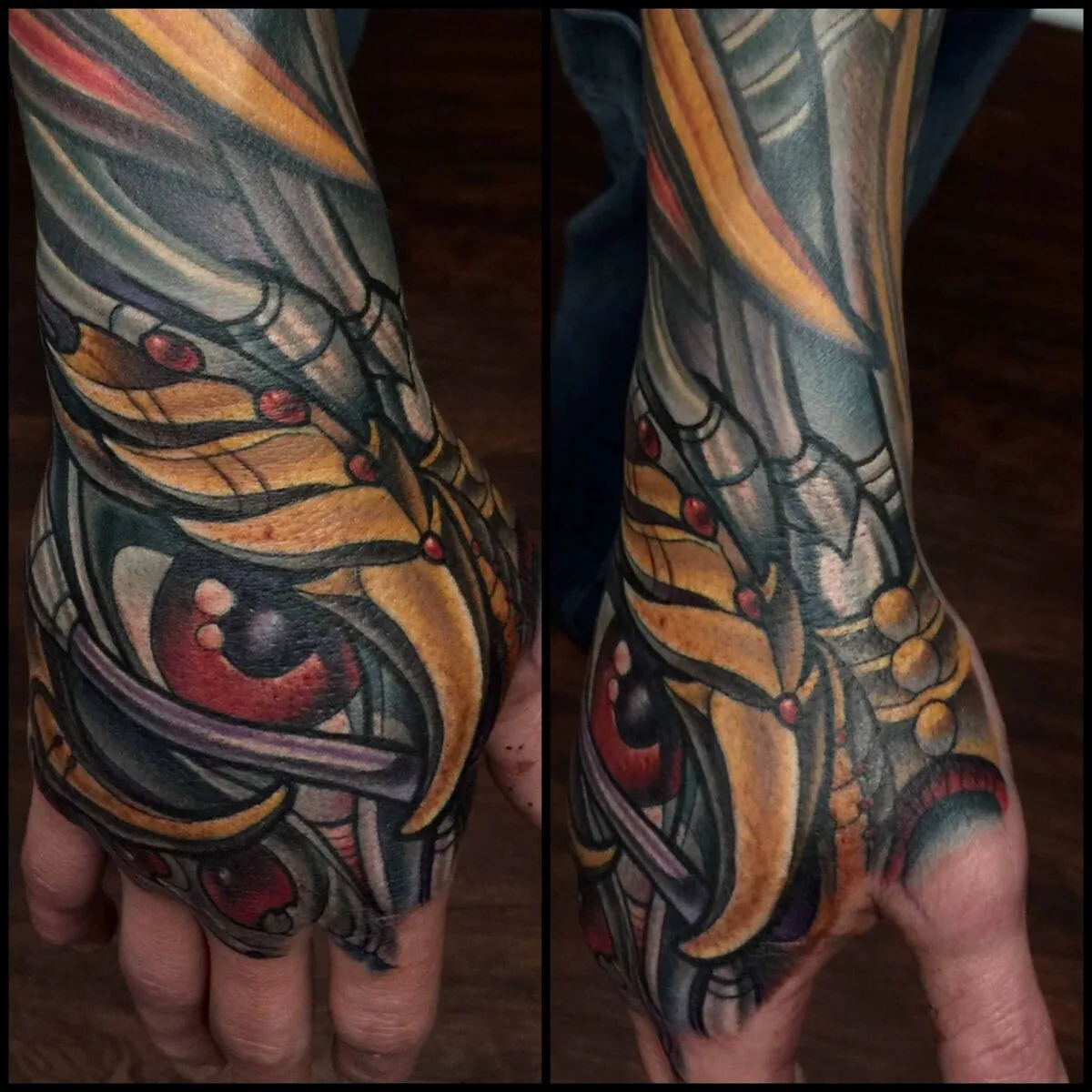 Bio-organic biomechanical hand tattoo by Terry Ribera, San Diego