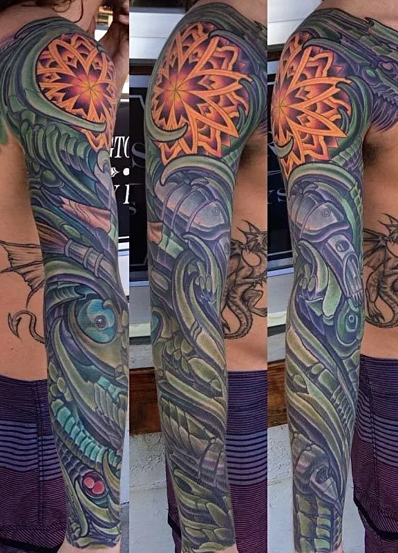 Bio-organic biomechanical mandala full sleeve tattoo by Terry Ribera, San Diego