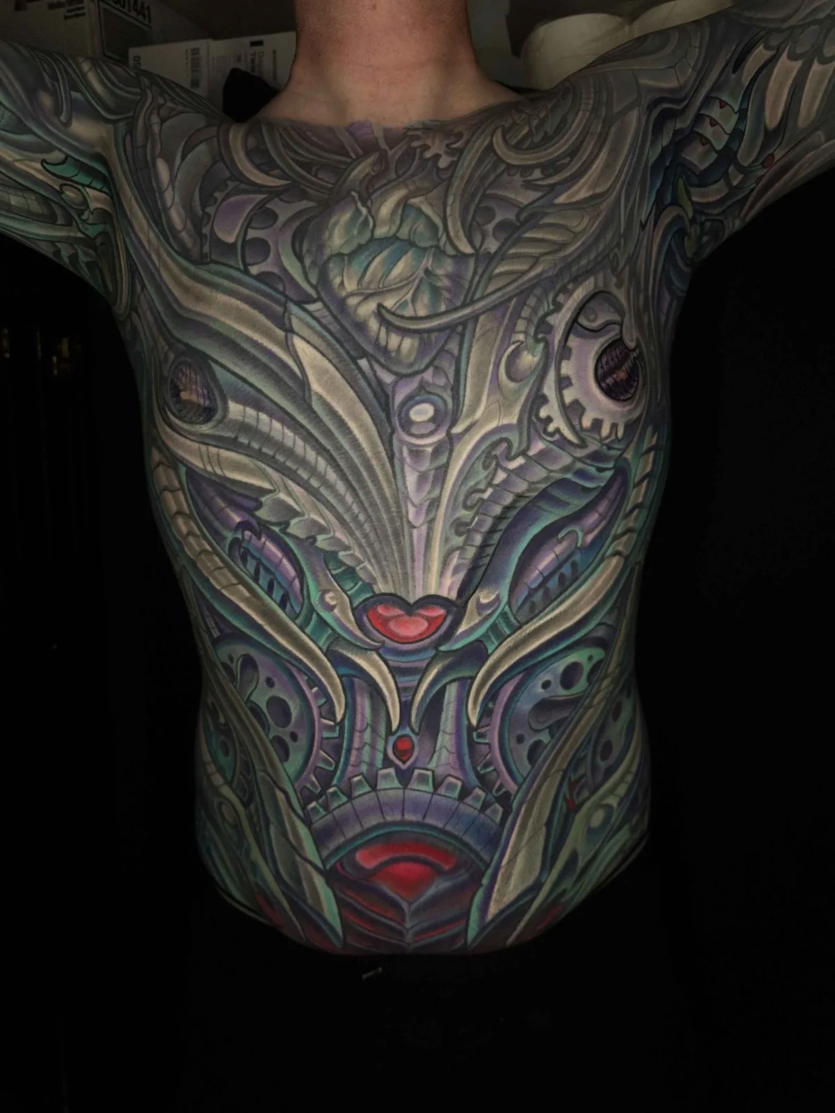Bio-organic color chest torso bodysuit front tattoo by Terry Ribera, San Diego