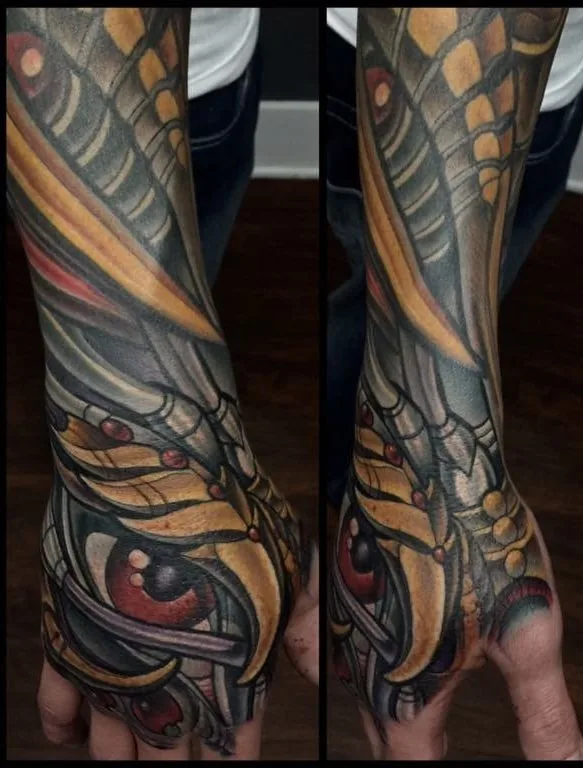 Bio-organic color hand tattoo by Terry Ribera, San Diego