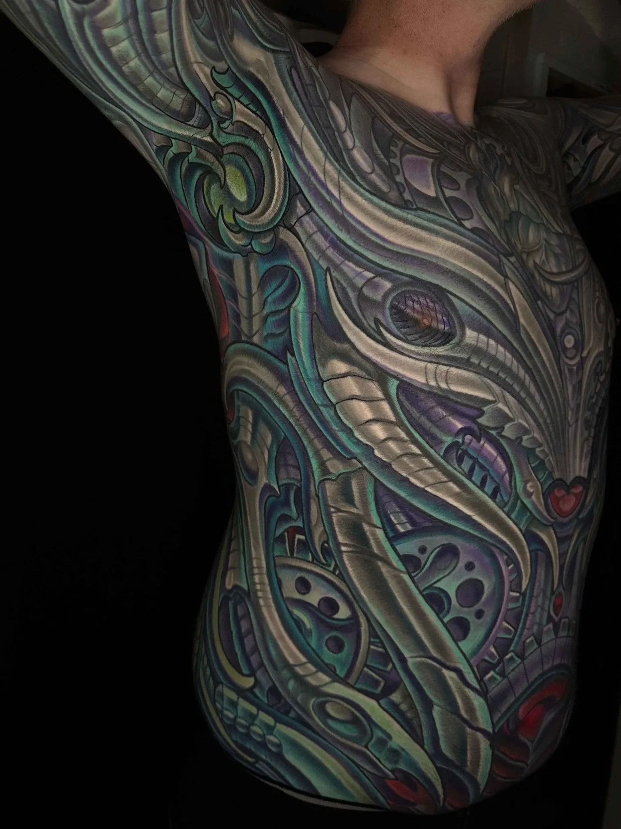 Bio-organic color side torso alien bodysuit tattoo by Terry Ribera, San Diego