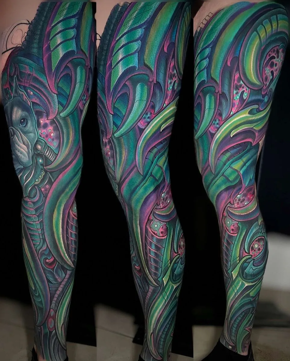 Bio-organic teal green purple full leg sleeve tattoo by Terry Ribera, San Diego