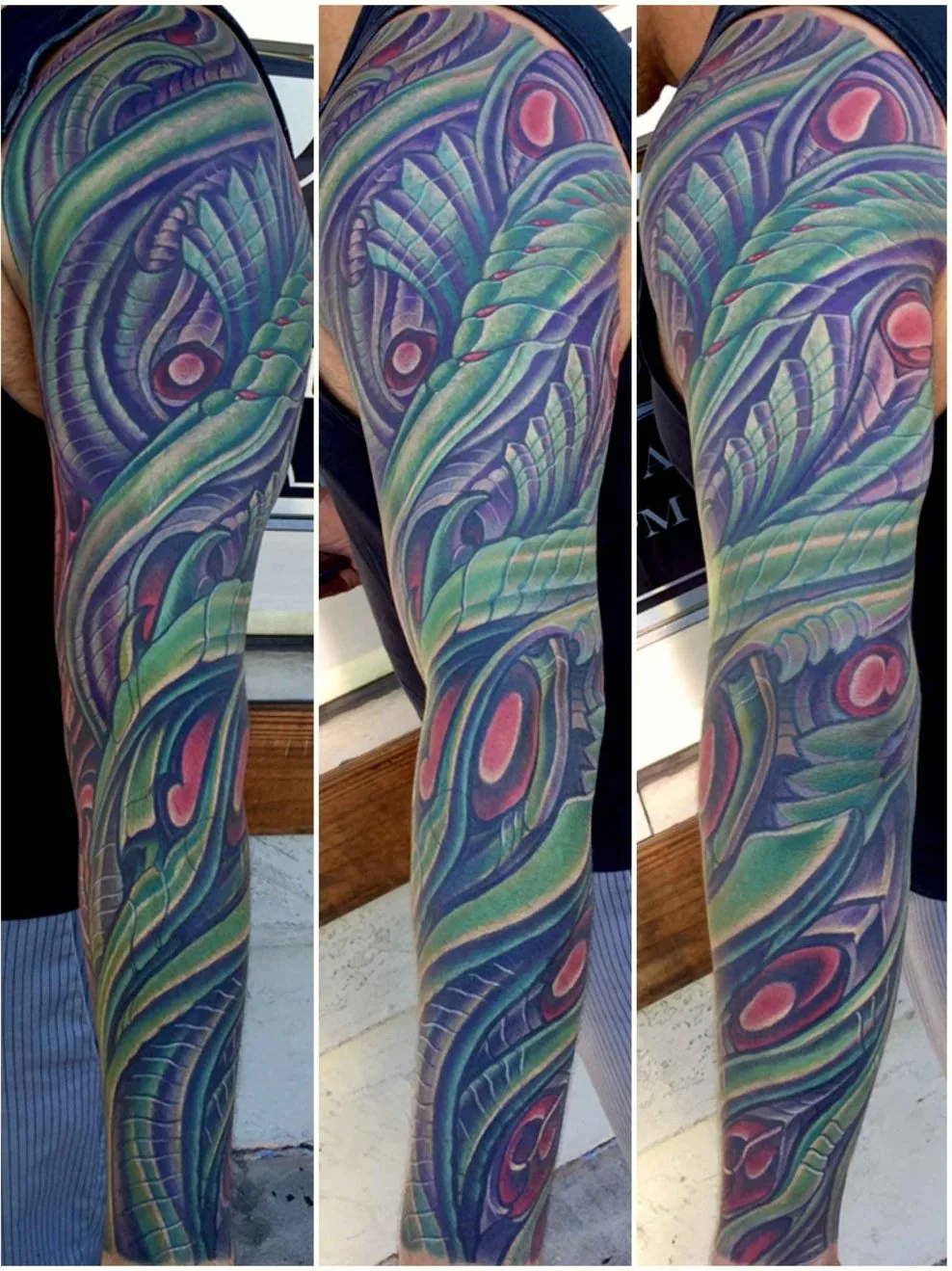 Bio-organic green purple peacock full sleeve tattoo by Terry Ribera, San Diego