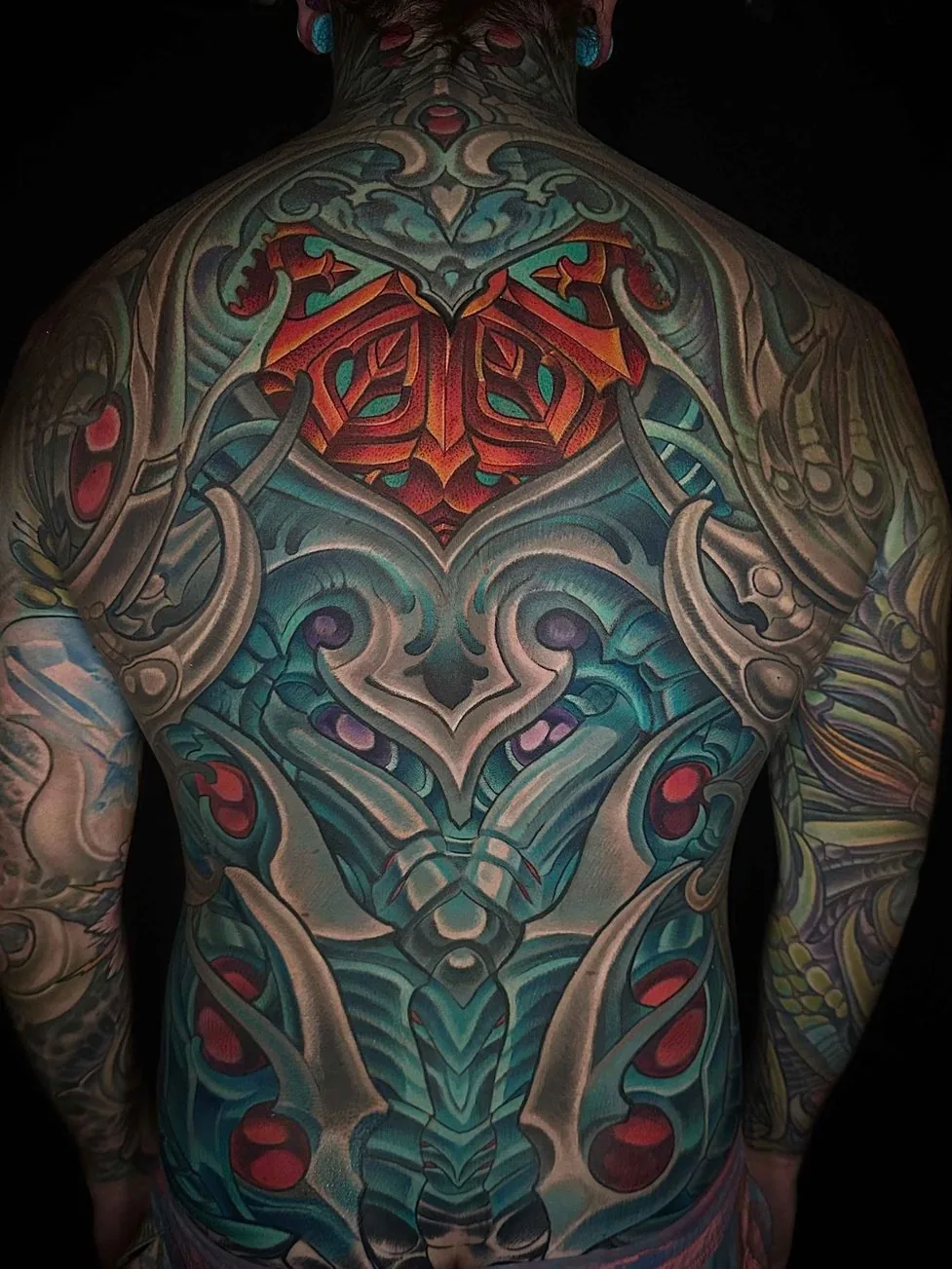 Bio-organic heart motif color full back piece tattoo by Terry Ribera, San Diego