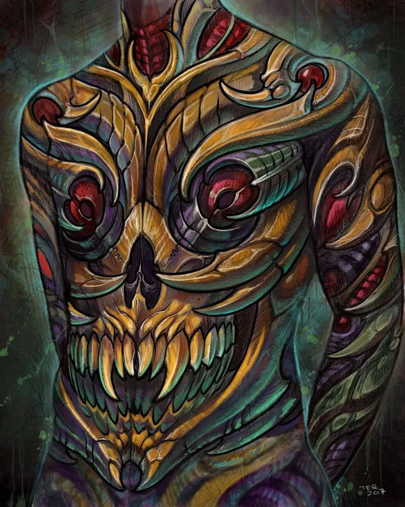 Bio-organic ornamental skull chest digital illustration by Terry Ribera, San Diego