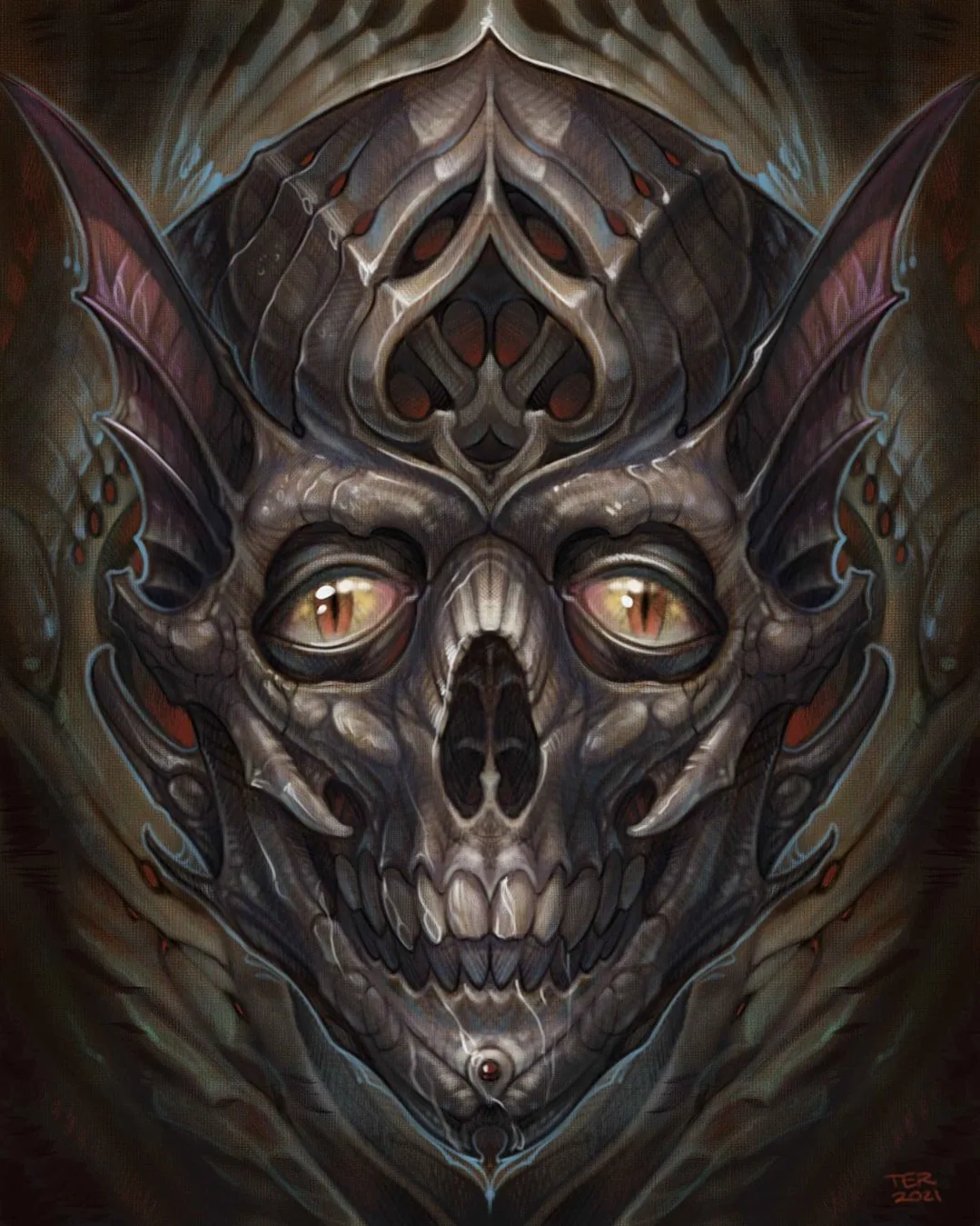Bio-organic skull bat creature digital illustration by Terry Ribera