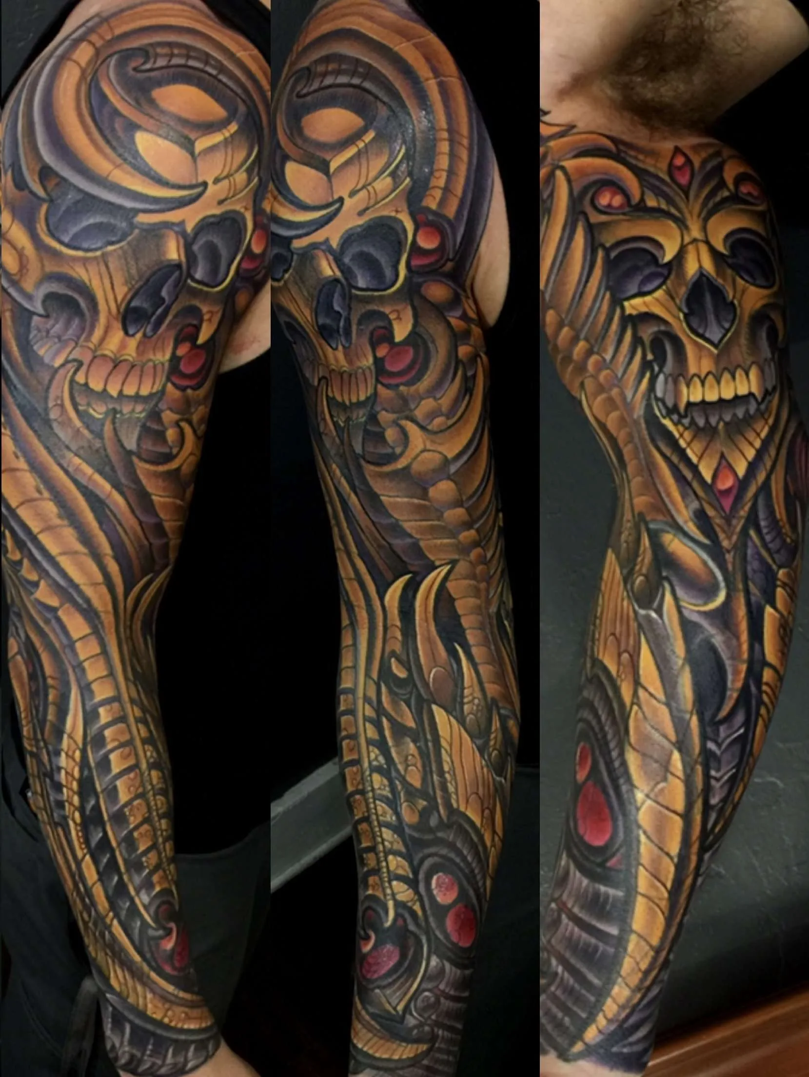 Bio-organic skull gold orange sleeve tattoo by Terry Ribera, San Diego