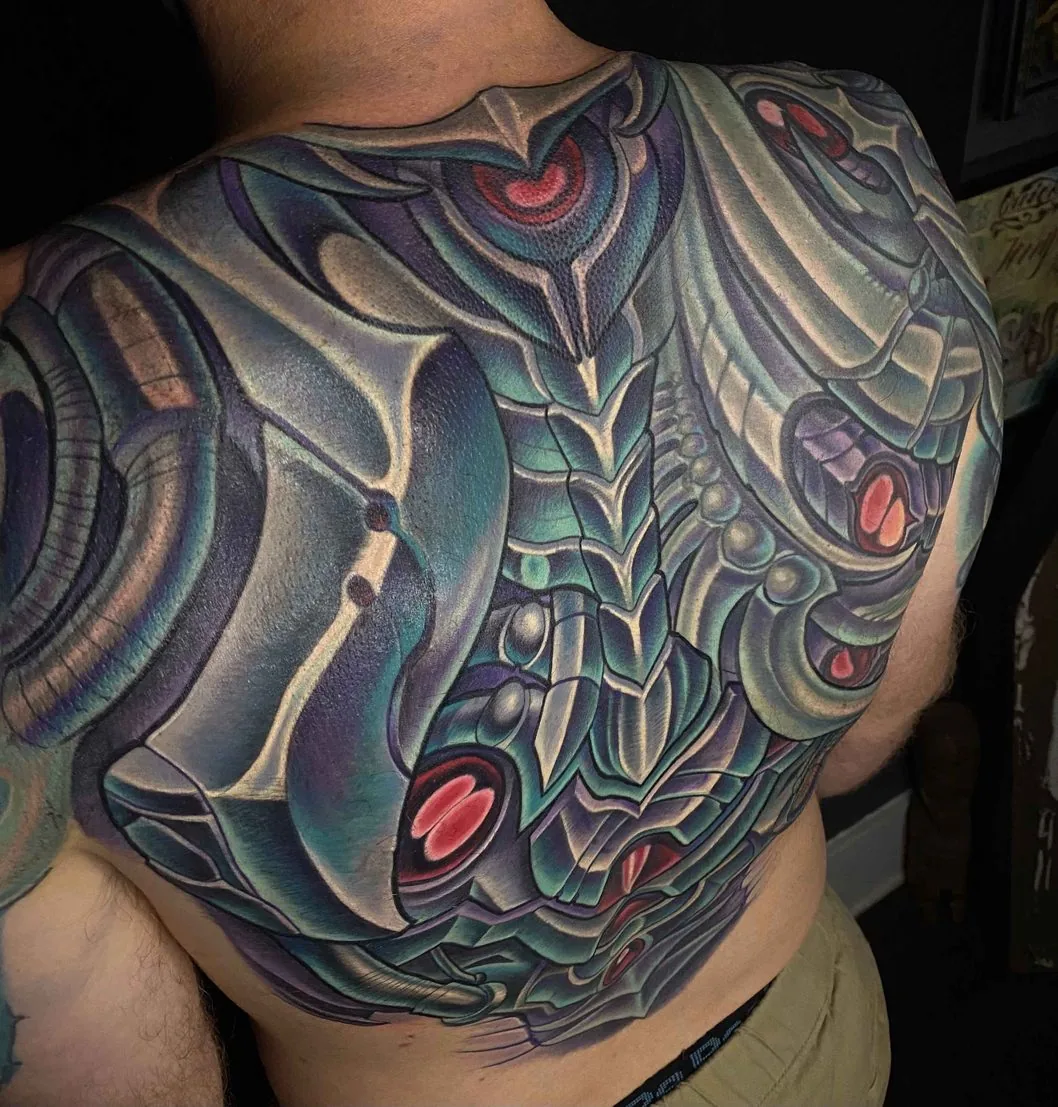 Bio-organic teal purple upper back torso tattoo by Terry Ribera, San Diego