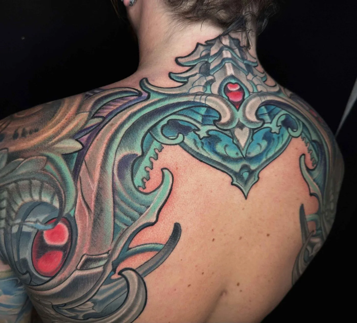 Bio-organic upper back shoulder in progress tattoo by Terry Ribera, San Diego