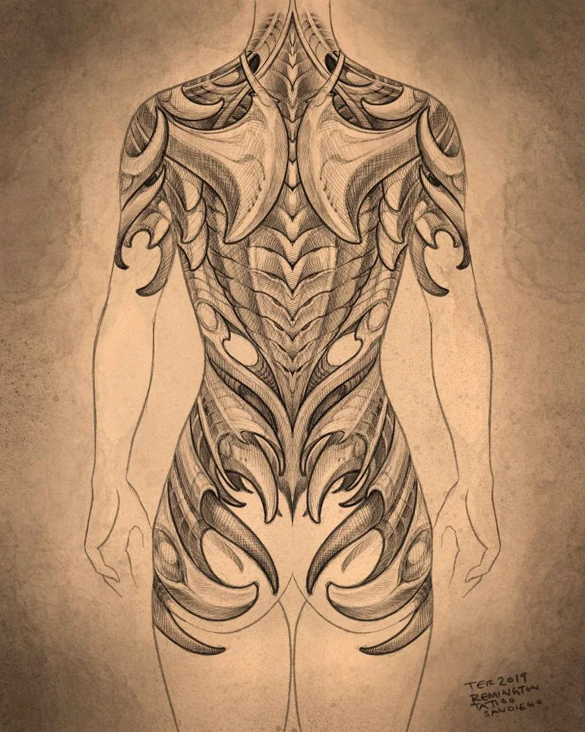 Bio-organic woman's back piece pencil design drawing by Terry Ribera