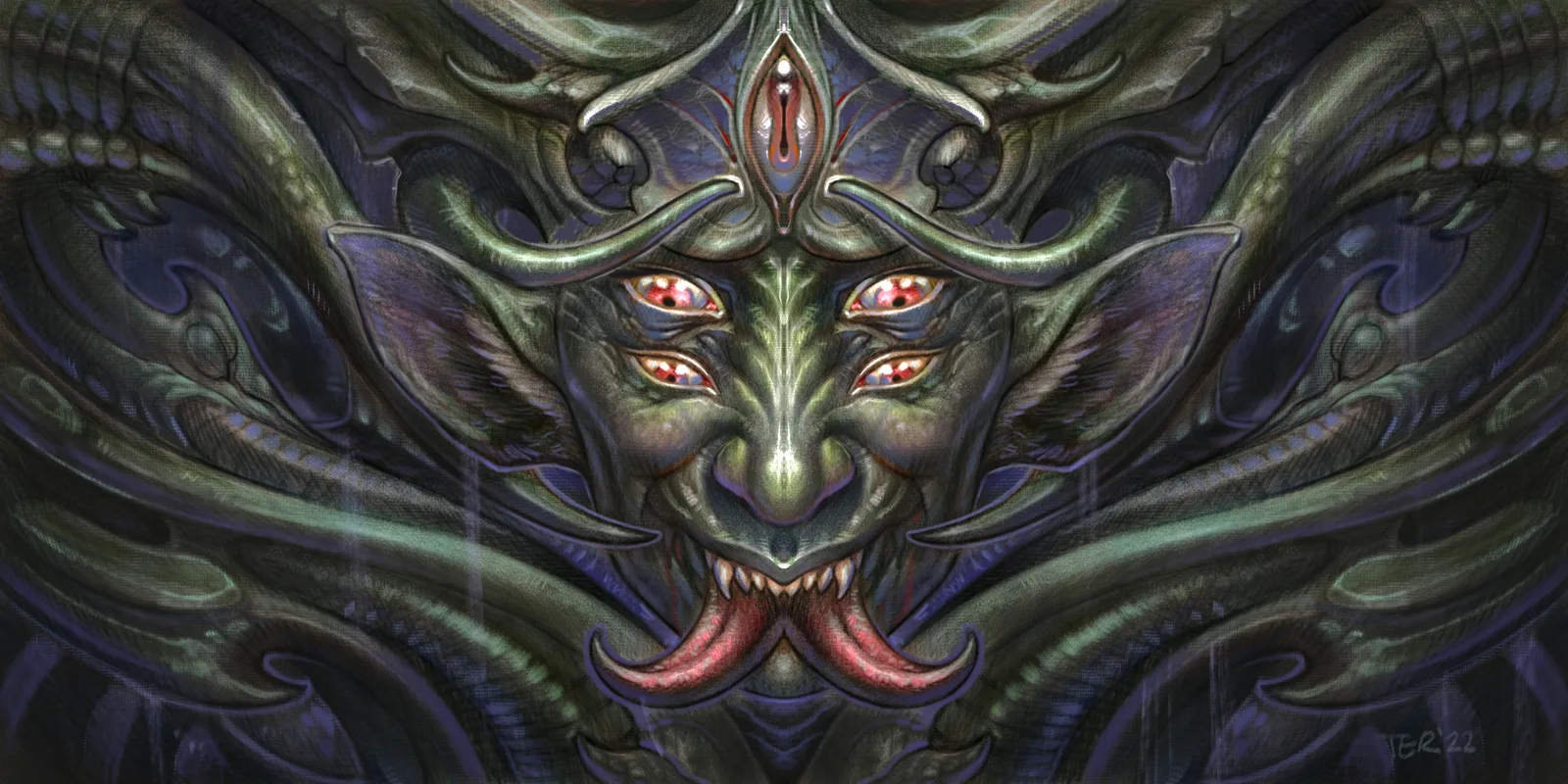 Digital art of a blue and purple biomechanical alien face by Terry Ribera, San Diego