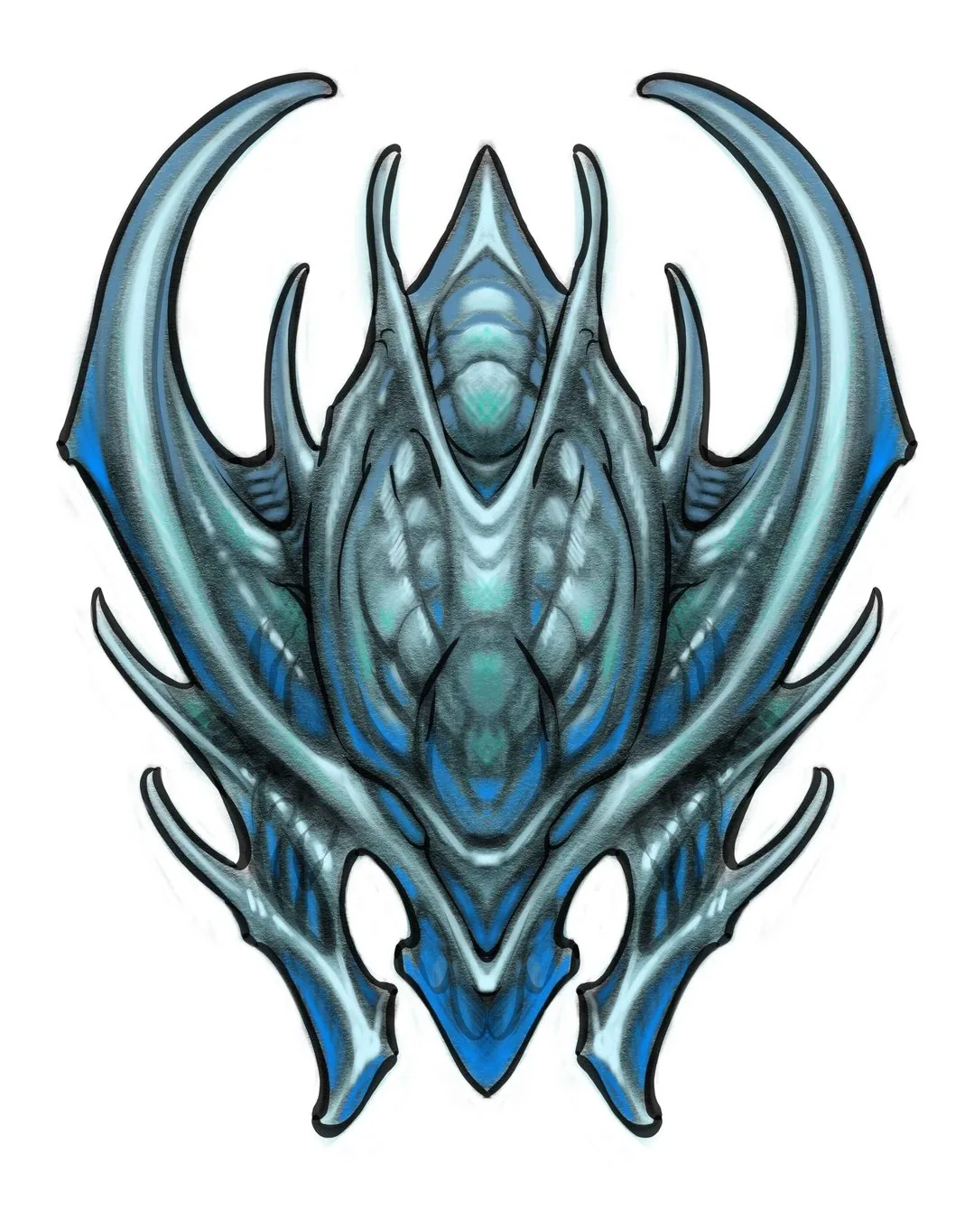 Biomechanical alien shield blue silver digital drawing by Terry Ribera