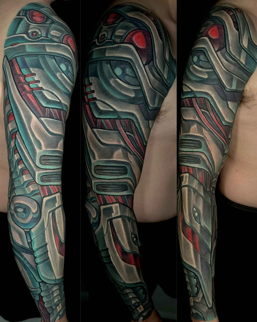 Biomechanical angular grey teal full sleeve tattoo by Terry Ribera, San Diego