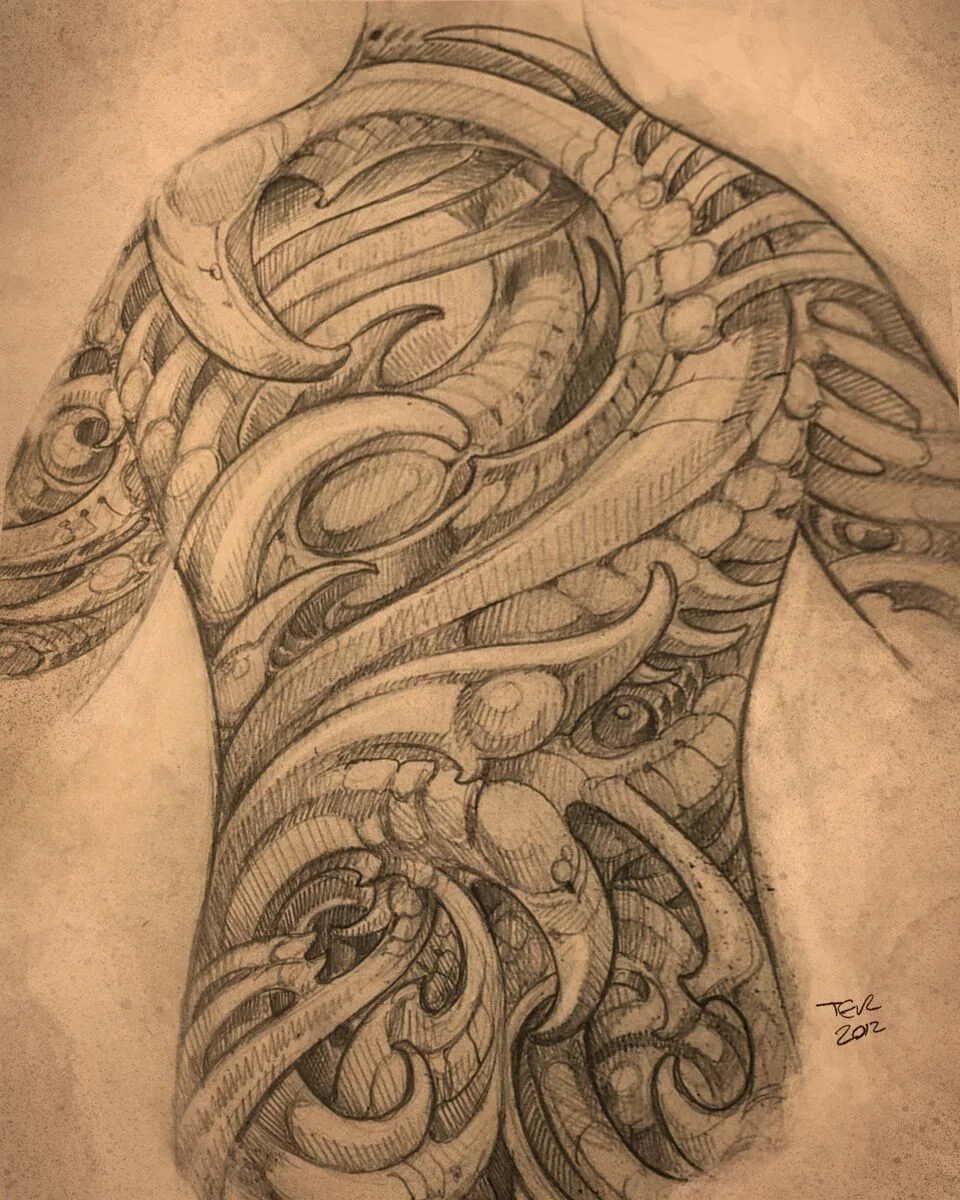 Biomechanical bio-organic back piece pencil sketch by Terry Ribera