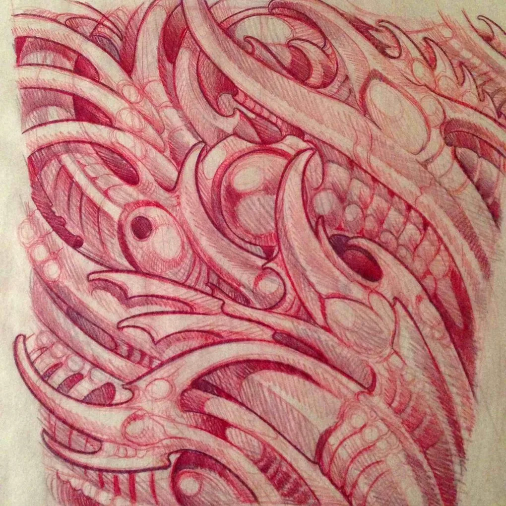 Biomechanical bio-organic sleeve red pencil sketch by Terry Ribera