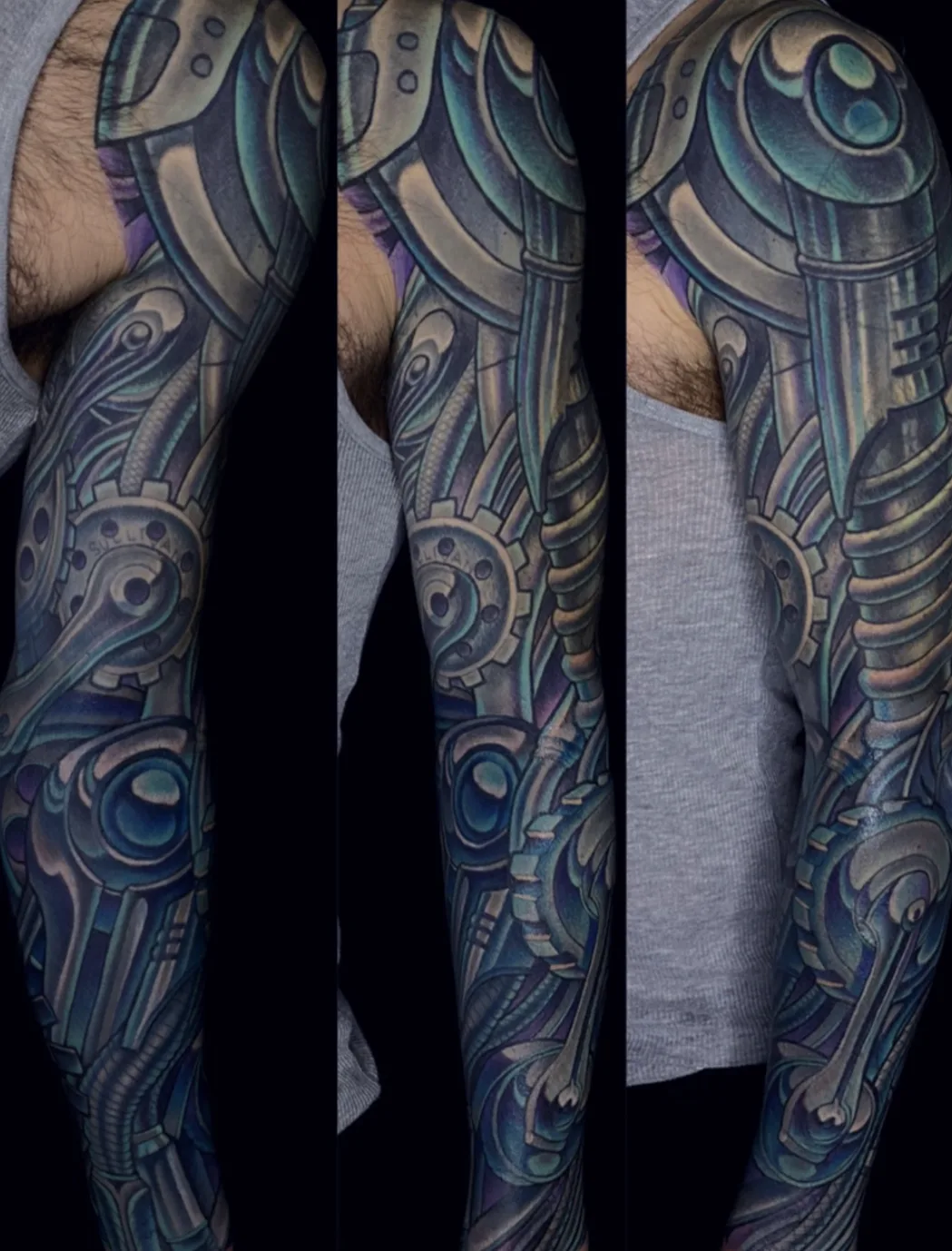 Blue and grey biomechanical and bio-organic full sleeve tattoo by Terry Ribera, San Diego