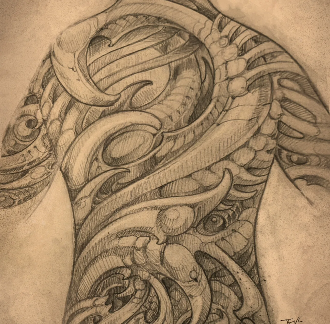 Biomechanical chest shoulder sepia pencil sketch design by Terry Ribera, San Diego