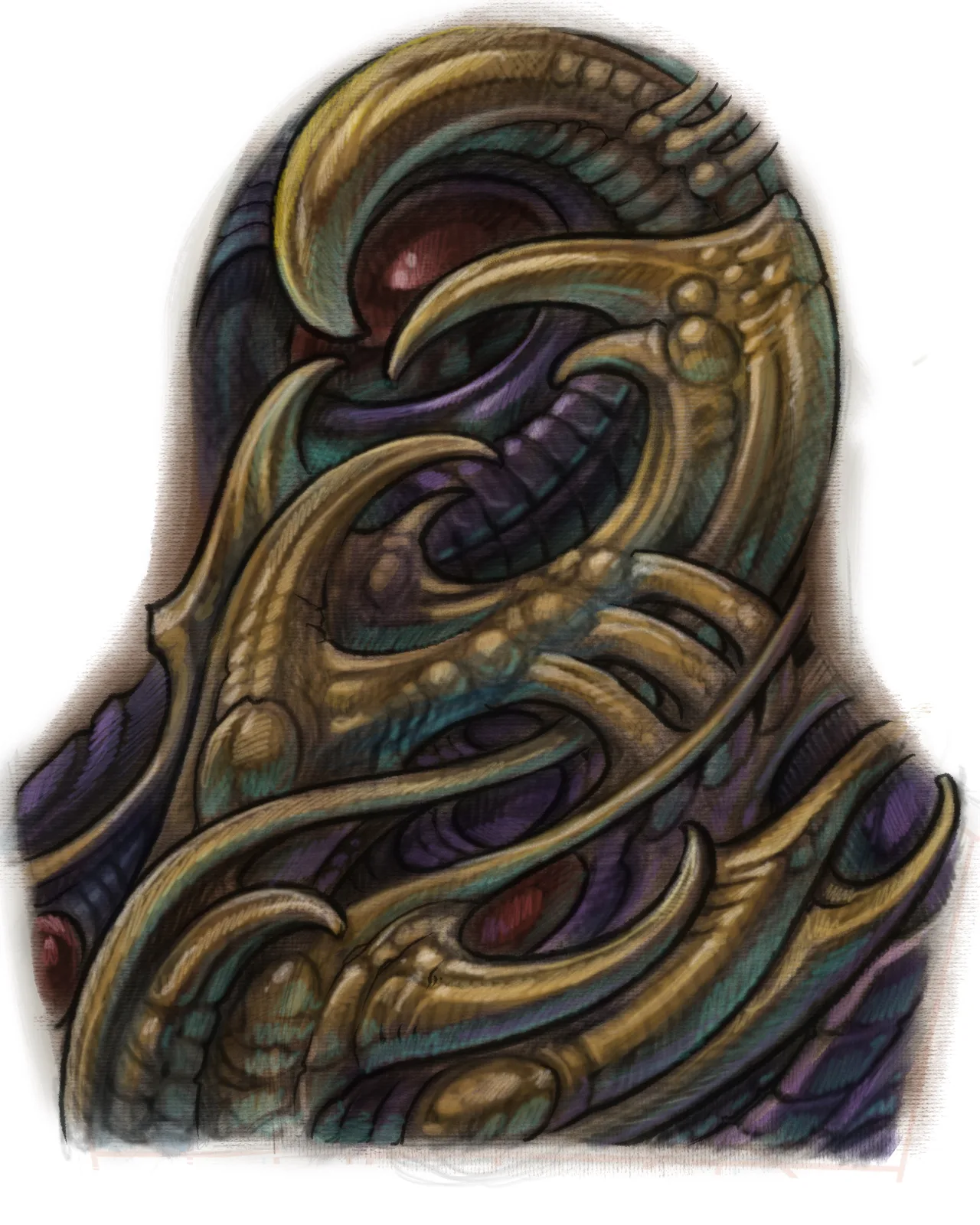 Digital drawing of gold and purple biomechanical forms by Terry Ribera, San Diego