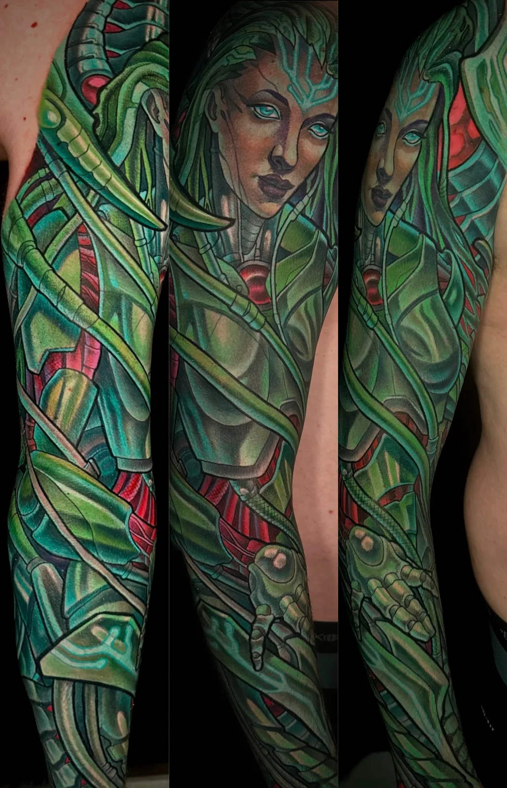 Green biomechanical and bio-organic full sleeve tattoo by Terry Ribera, San Diego