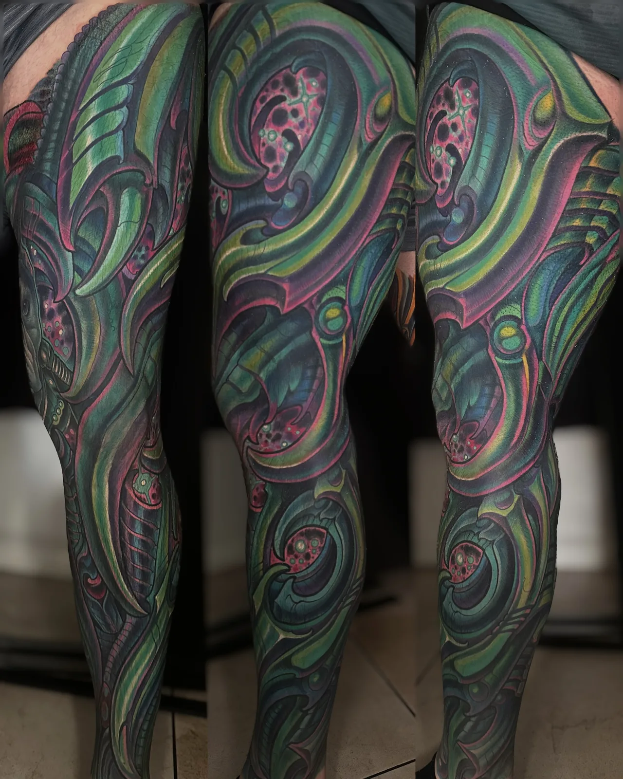Green and purple biomechanical and bio-organic sleeve tattoo by Terry Ribera, San Diego