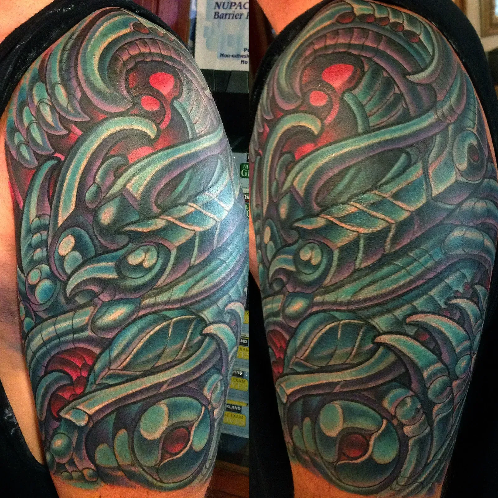 Green and red biomechanical and bio-organic shoulder and sleeve tattoo by Terry Ribera, San Diego