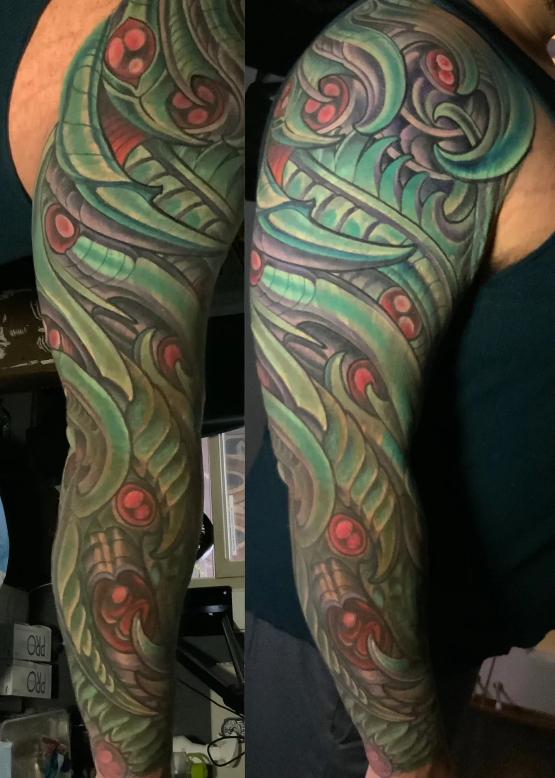 Green biomechanical and bio-organic shoulder and sleeve tattoo by Terry Ribera, San Diego