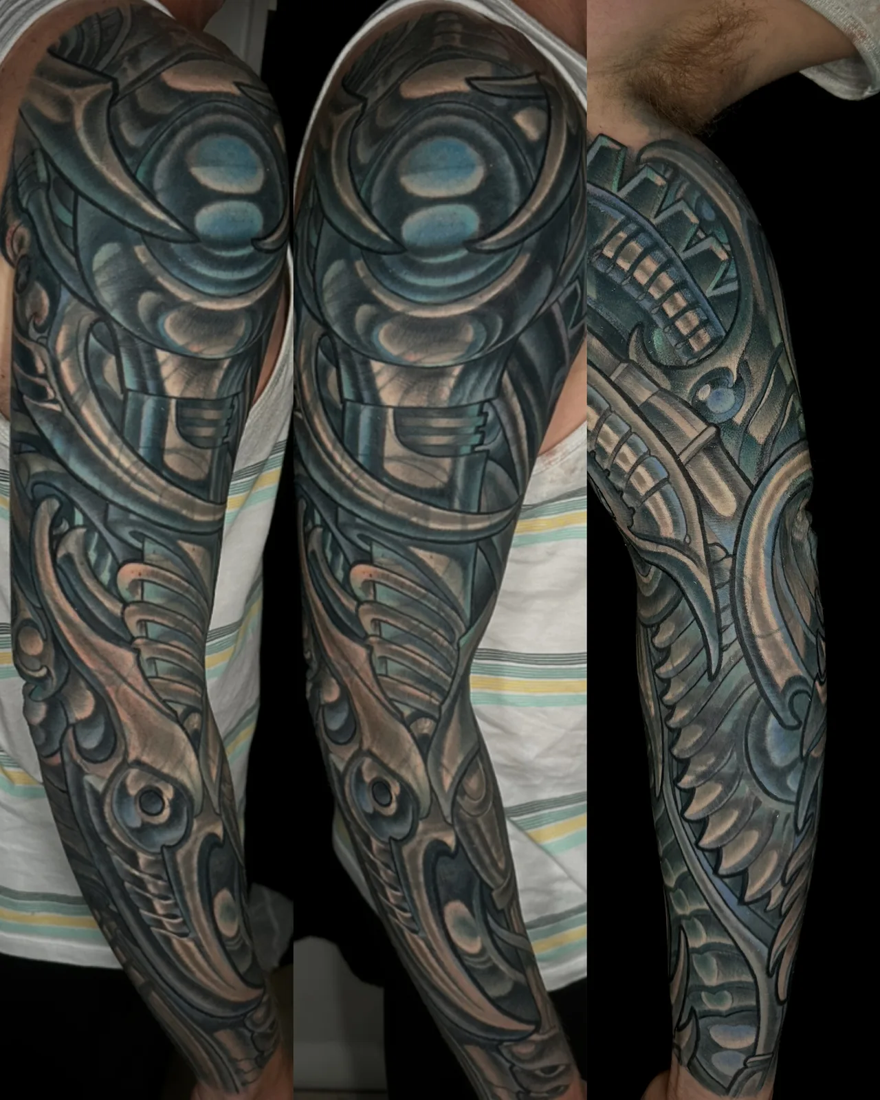 Grey biomechanical and bio-organic full sleeve tattoo by Terry Ribera, San Diego