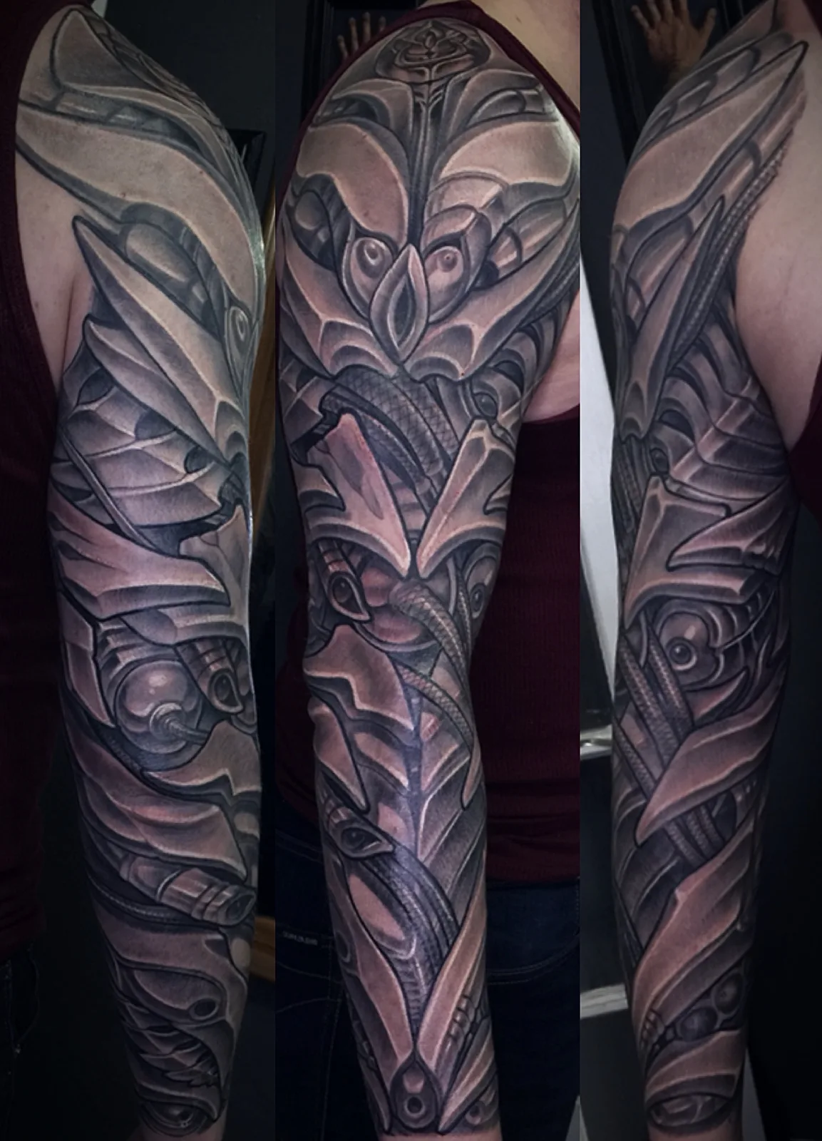 Grey biomechanical and bio-organic full sleeve tattoo by Terry Ribera, San Diego