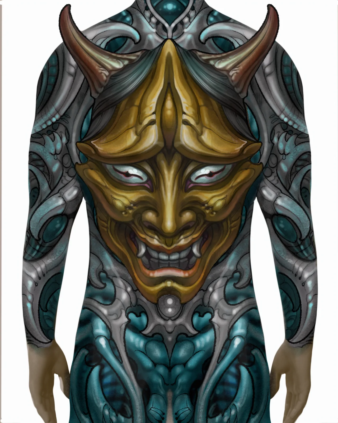 Digital illustration of a gold hannya mask over a biomechanical body by Terry Ribera, San Diego