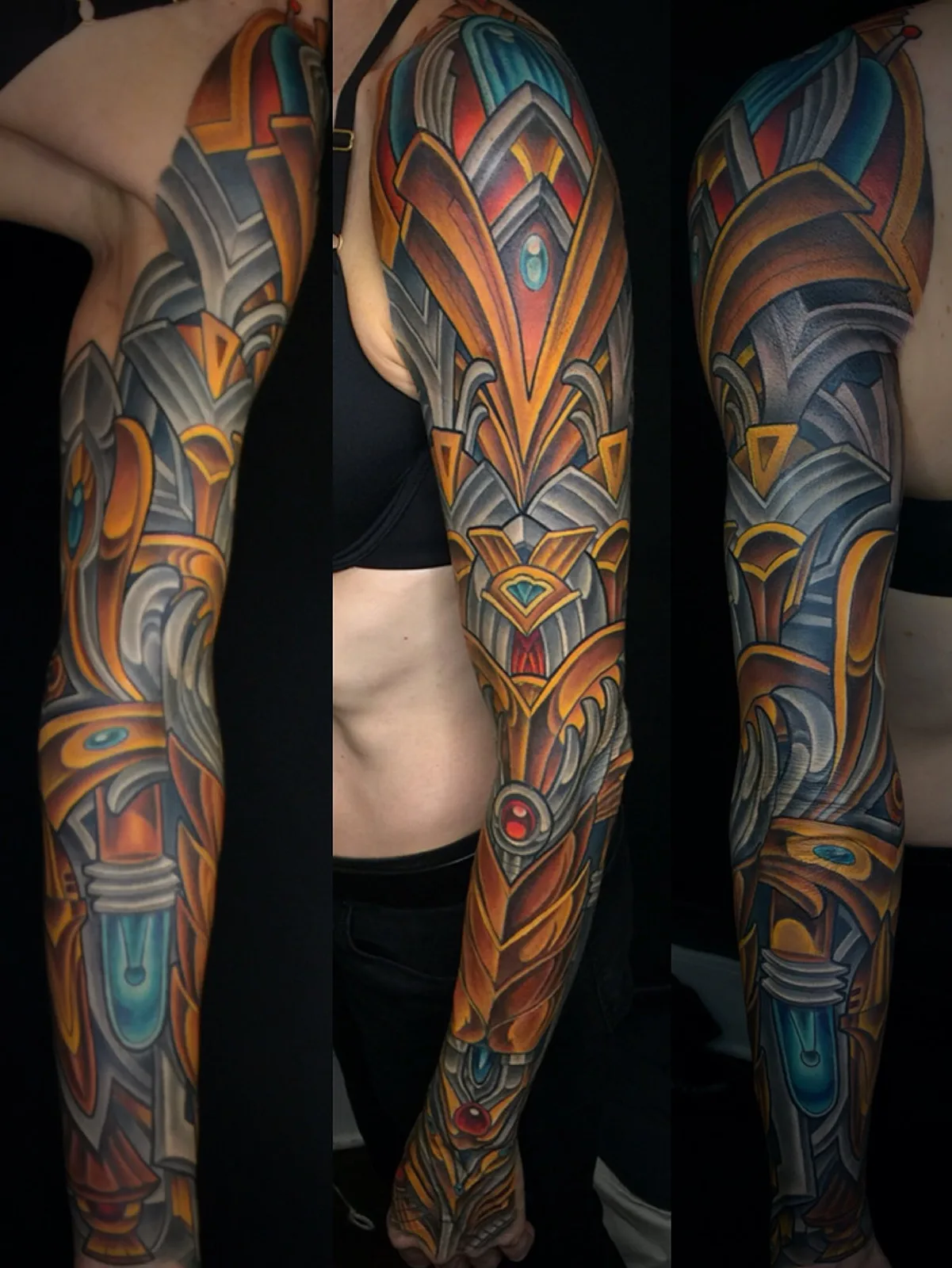 Orange and silver biomechanical and bio-organic full sleeve tattoo by Terry Ribera, San Diego