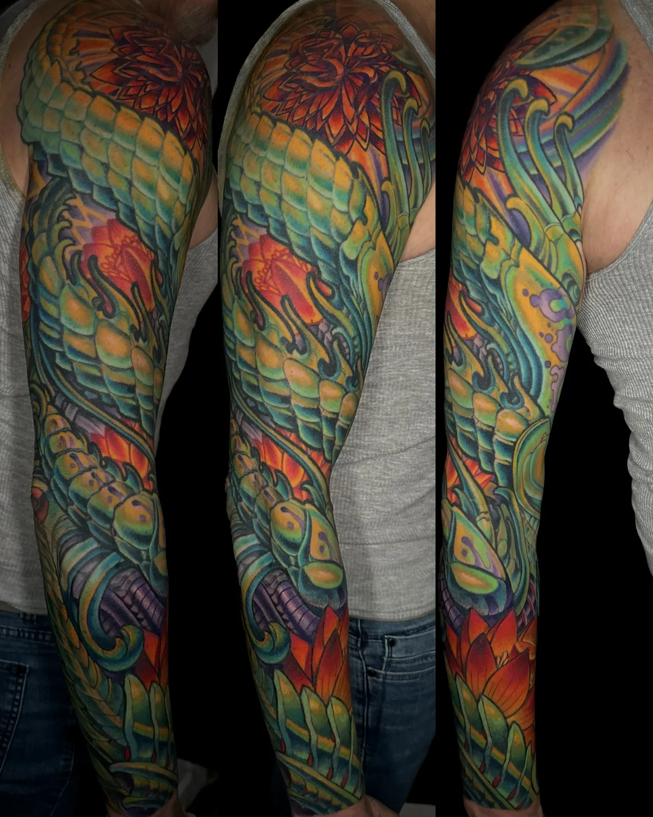 Rainbow-color biomechanical and bio-organic full sleeve tattoo by Terry Ribera, San Diego