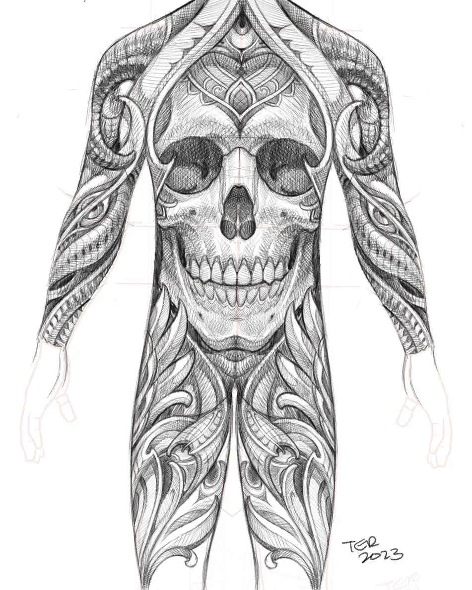 Biomechanical skull bodysuit pencil sketch design by Terry Ribera