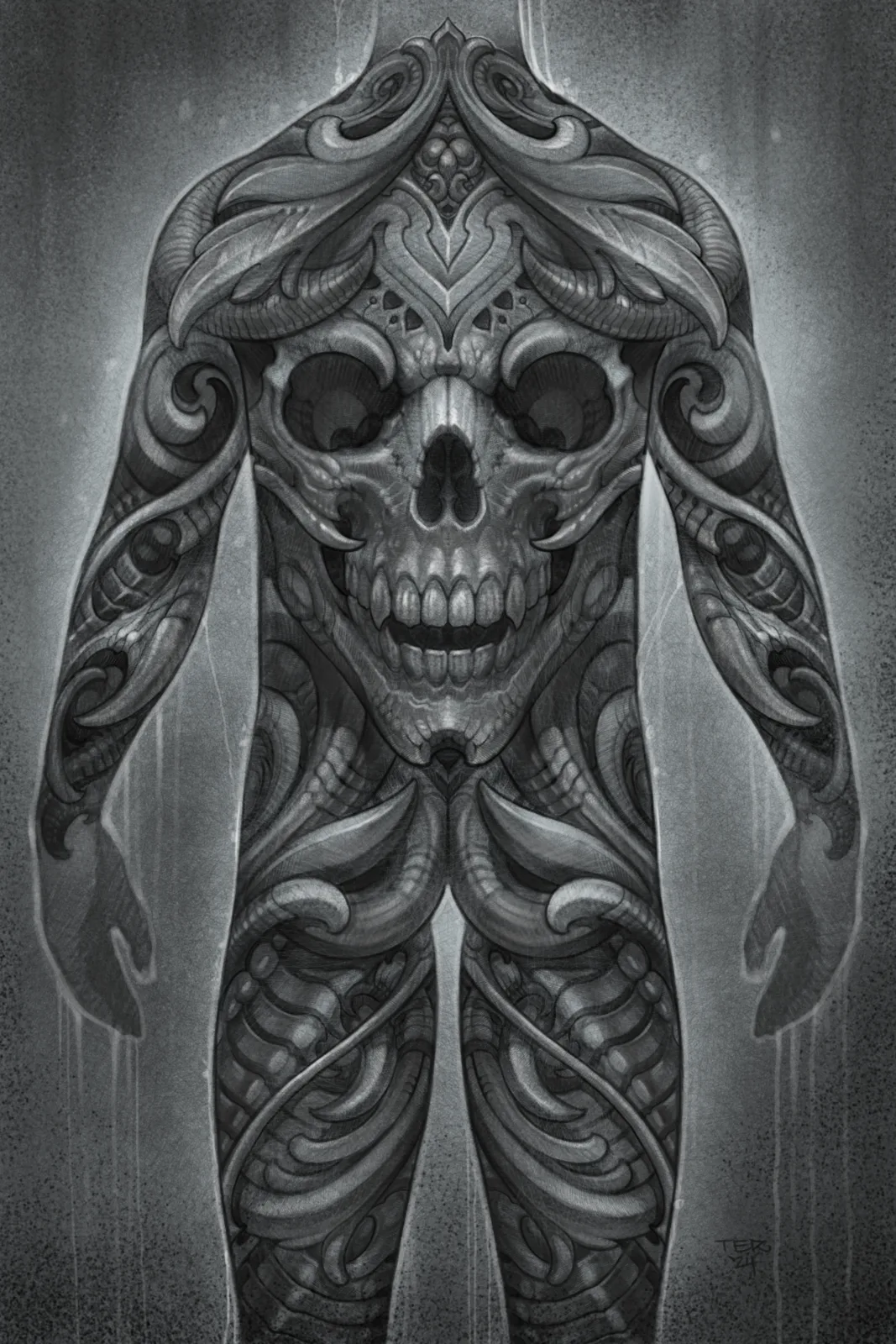 Black and grey digital illustration of a full-body biomechanical skull figure by Terry Ribera, San Diego