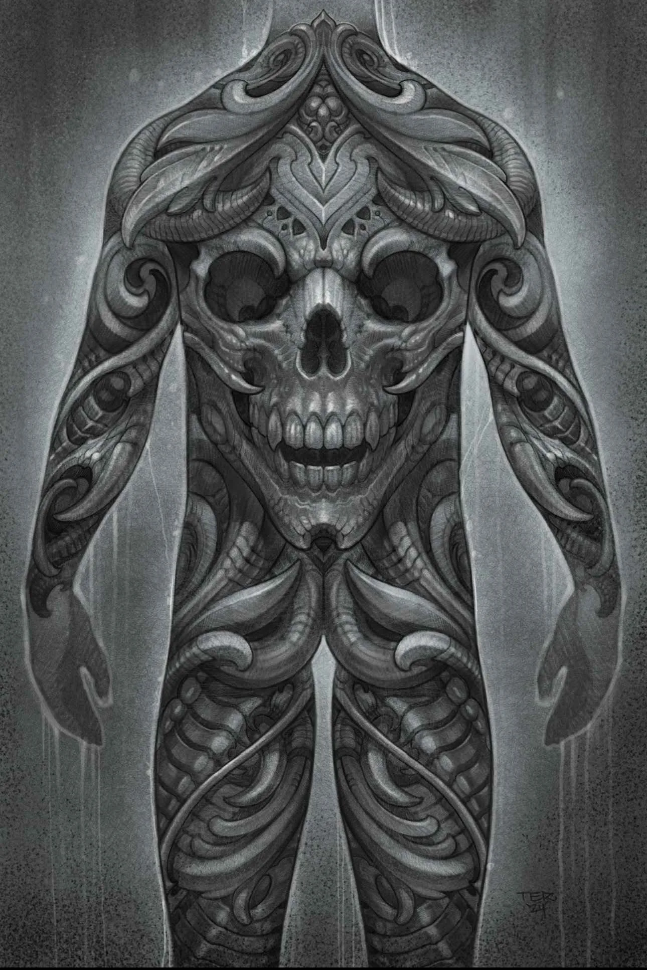 Biomechanical skull figure full body digital illustration by Terry Ribera
