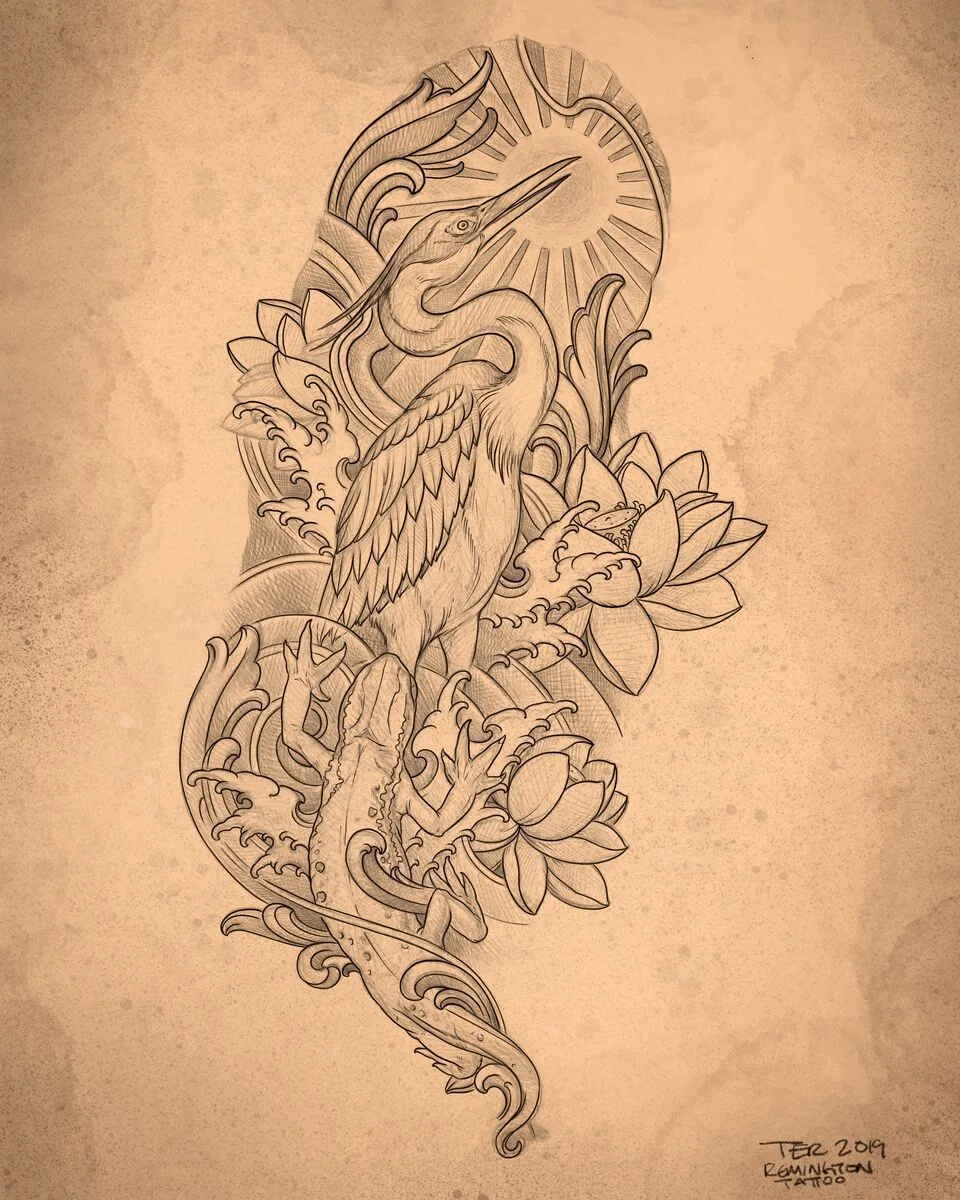 Art Nouveau crane heron lotus flash drawing by Terry Ribera