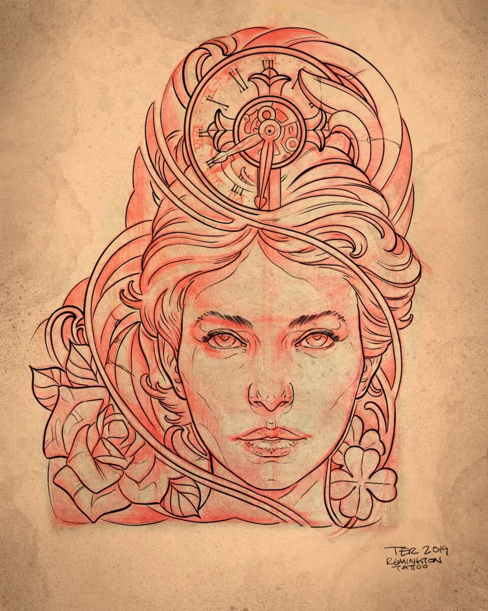 Art Nouveau woman clock roses flash drawing by Terry Ribera