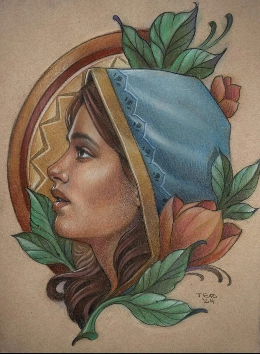 Art Nouveau woman portrait colored pencil drawing by Terry Ribera