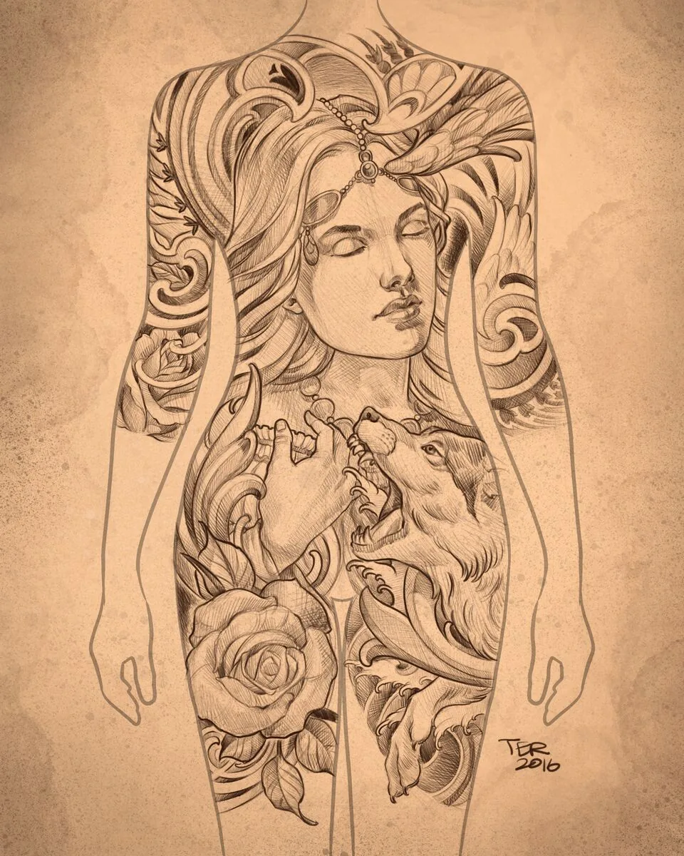 Art Nouveau woman wolf bodysuit design drawing by Terry Ribera
