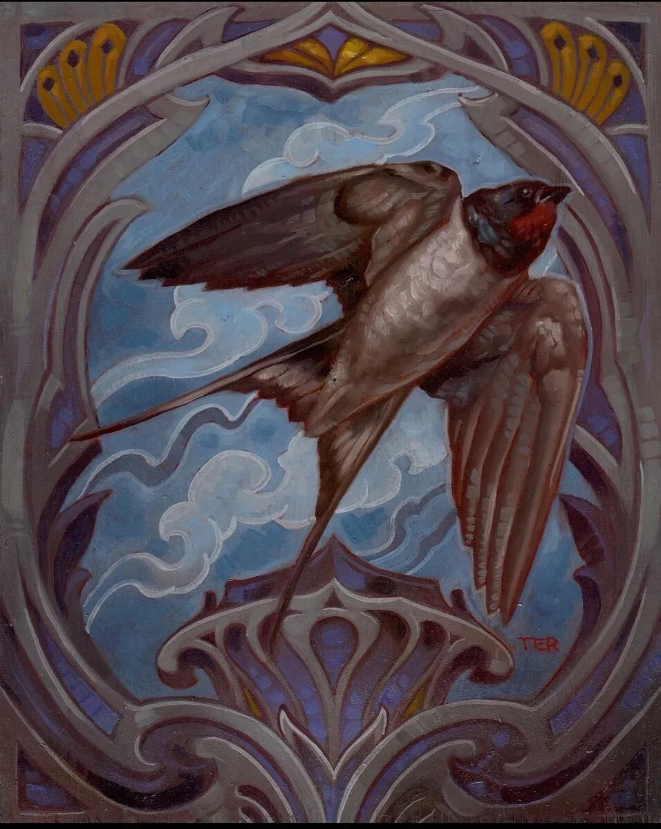Fine art barn swallow Art Nouveau ornamental frame oil painting by Terry Ribera San Diego