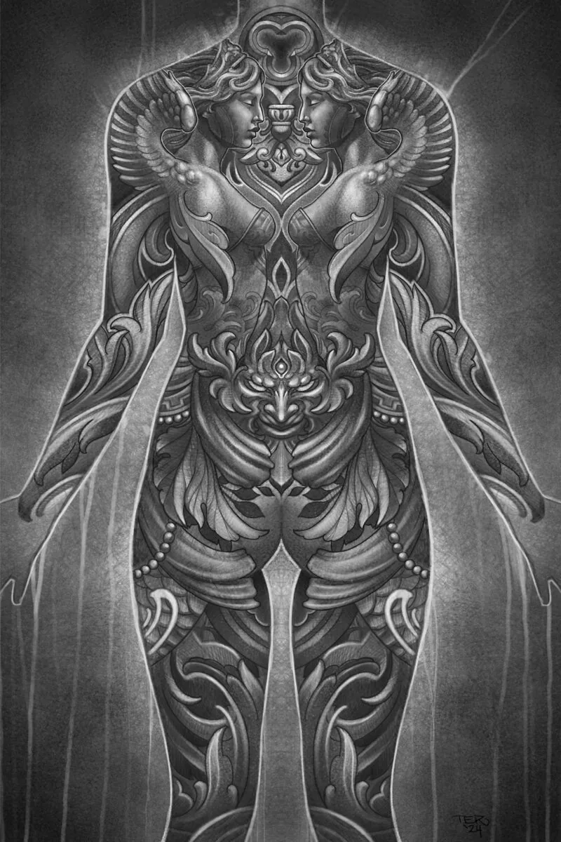Fine art goddess bodysuit design symmetrical wings ornamental drawing by Terry Ribera San Diego