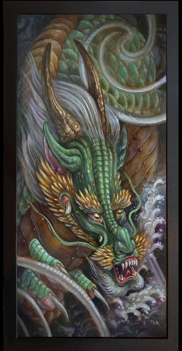 Fine art green Asian dragon ornamental frame oil painting by Terry Ribera San Diego