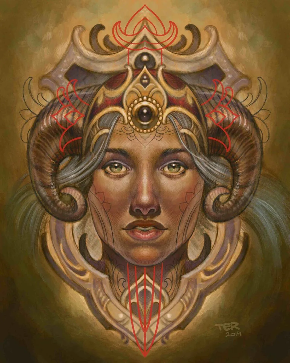 Fine art horned goddess ornamental digital art by Terry Ribera San Diego
