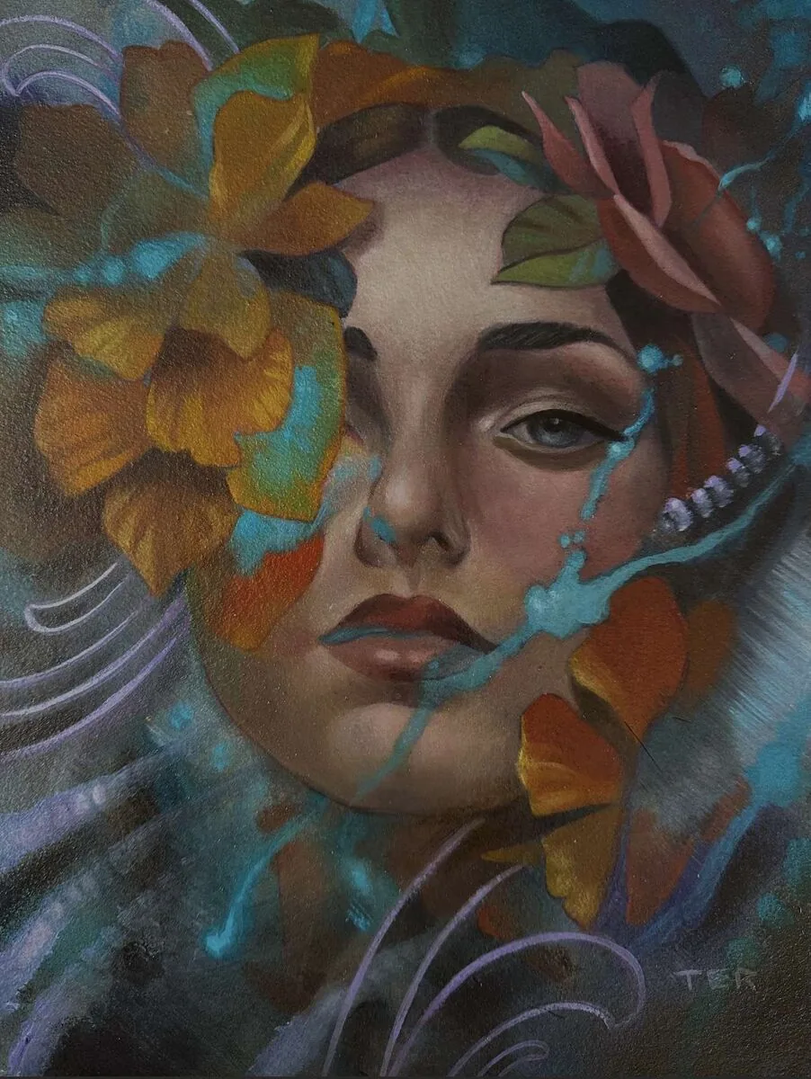 Fine art oil painting woman flowers Art Nouveau by Terry Ribera San Diego