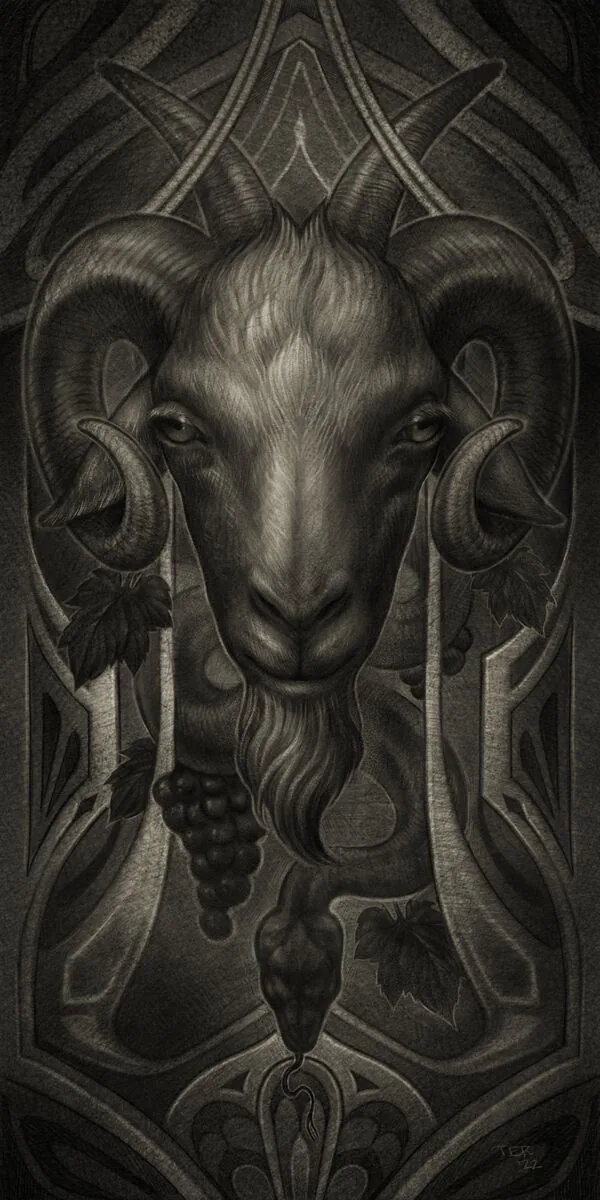 Fine art ram goat Art Nouveau charcoal drawing by Terry Ribera San Diego
